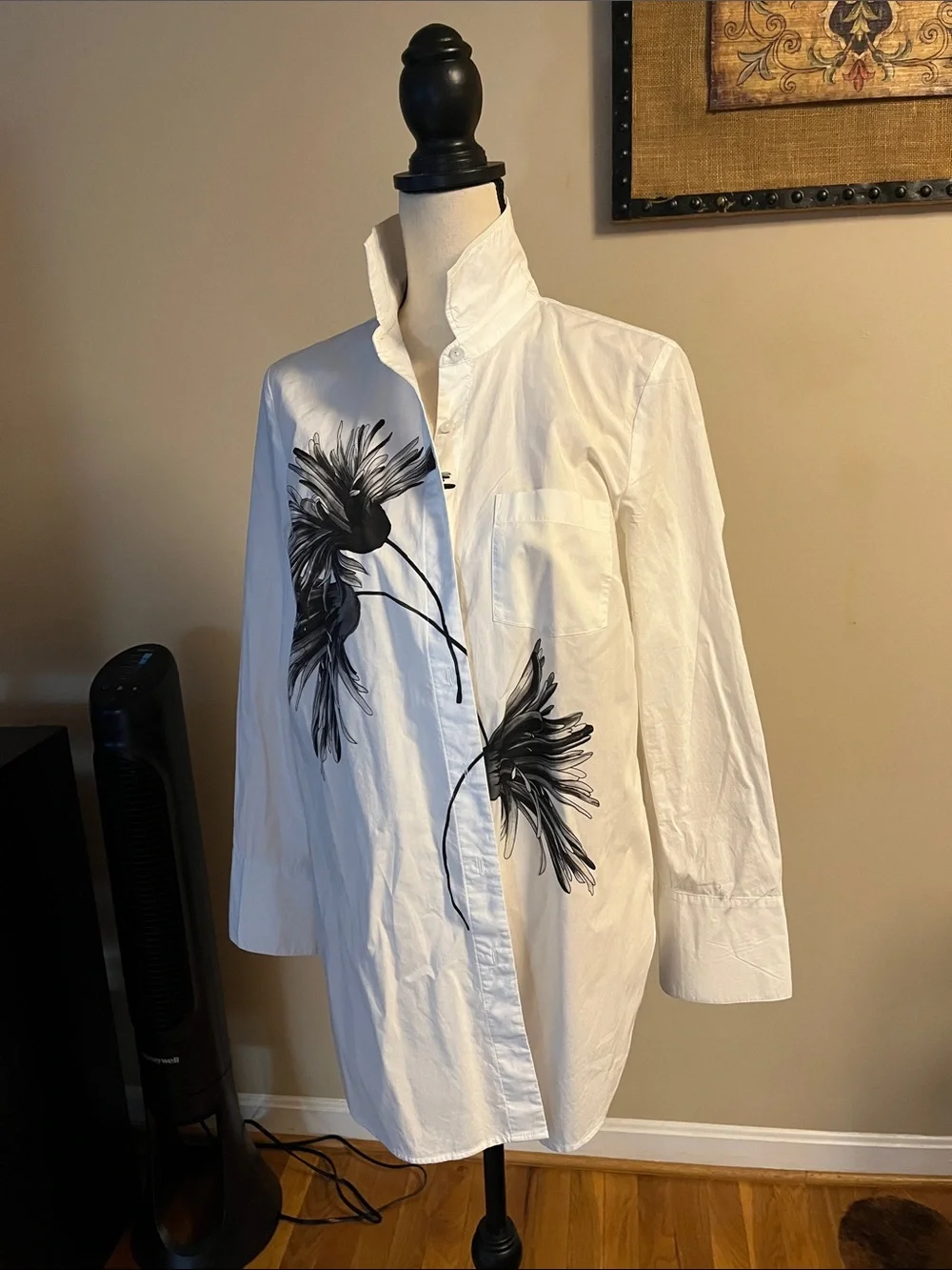Talbots White Button-Down Shirt with Black Floral Print, medium, cotton - Picture 8 of 11